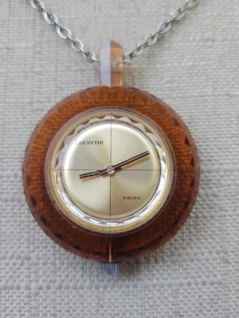 Vintage Rare LUCERNE Swiss Made Pocket Watch All Plexiglasses Case Necklace